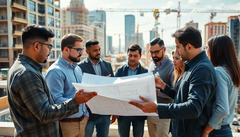 Advocates in construction advocacy colorado discuss plans in a bustling city environment.