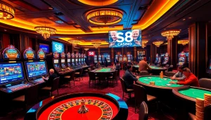 Engaging in casino games at S8 with vibrant poker chips and roulette tables.