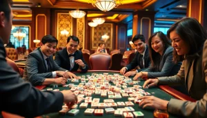 Players enjoy an exciting moment of link mahjong in a luxurious casino setting.