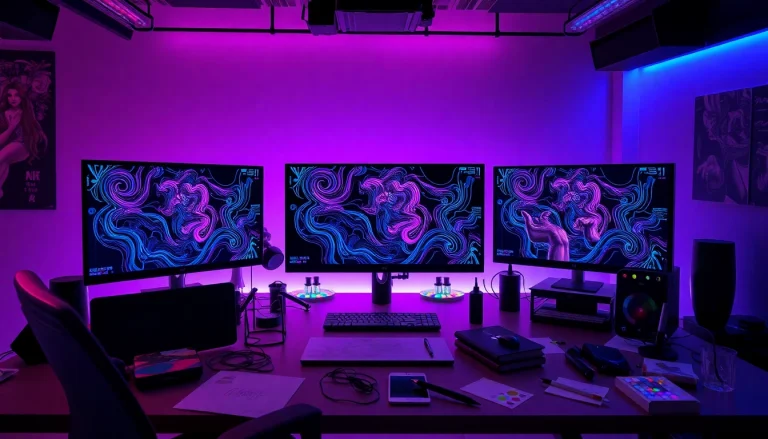 Futuristic digital artist workspace showcasing NSFW AI technology in action