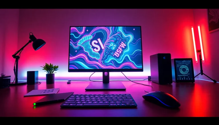 NSFW AI digital workspace showcasing vibrant AI-generated artwork and modern technology.