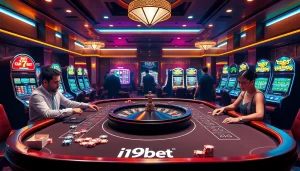 Players engaging in action at i9bet's modern casino table with vibrant poker chips and a roulette wheel.