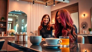 Stylish interior of addendum salon with a stylist coloring hair, showcasing a warm, inviting atmosphere.