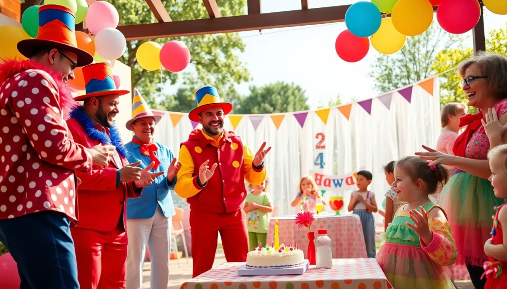 Engaging birthday party entertainers performing for delighted children at a festive celebration.