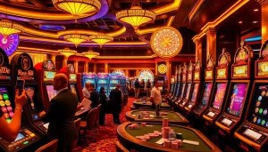 Pemain menikmati permainan slot deposit pulsa yang mendebarkan di kasino mewah yang dipenuhi lampu berwarna-warni dan suasana yang penuh semangat.