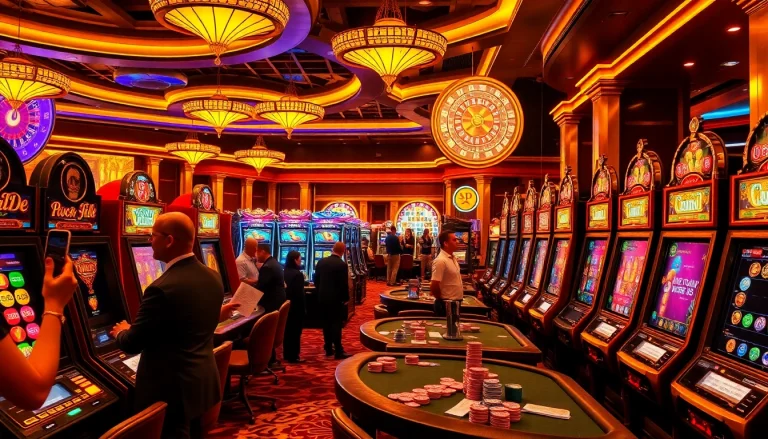 Pemain menikmati permainan slot deposit pulsa yang mendebarkan di kasino mewah yang dipenuhi lampu berwarna-warni dan suasana yang penuh semangat.