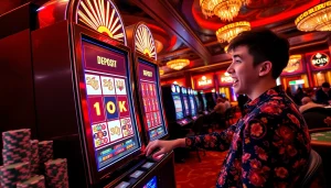 Experience winning strategies with slot deposit 1k at a luxurious casino scene featuring vibrant slot machines.
