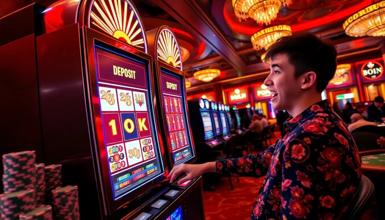 Experience winning strategies with slot deposit 1k at a luxurious casino scene featuring vibrant slot machines.