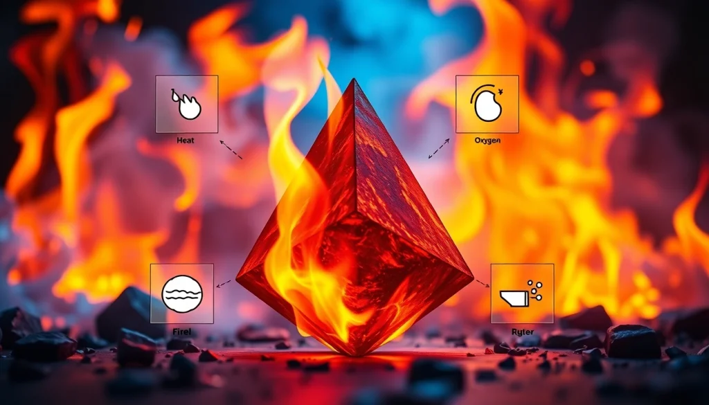 A visual representation of the fire tetrahedron illustrating its four essential elements in a dynamic scene.