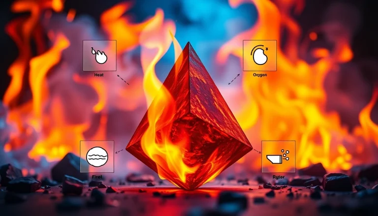 A visual representation of the fire tetrahedron illustrating its four essential elements in a dynamic scene.