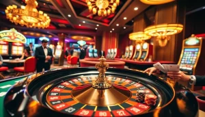 The lively casino atmosphere at https://febet8.com shows players engaged at a roulette table amidst luxury.