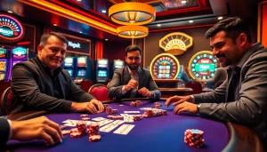 Engaged players enjoying a thrilling poker game at a luxurious casino table, showcasing indoxxi excitement.