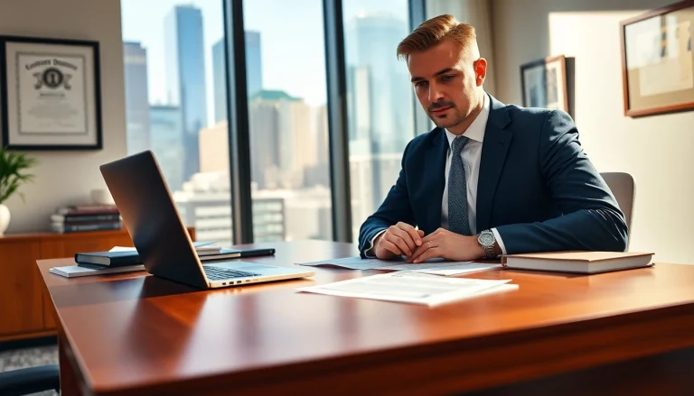 Eminent domain lawyer consulting clients in a modern office with a city view.