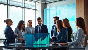 Showcasing business growth insights through strategic discussions in a modern office.