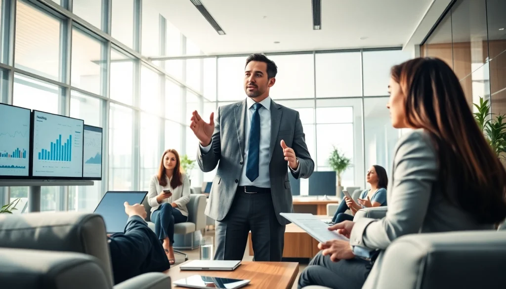 Showcasing founder leadership insights, a confident business leader presents strategies to an engaged team.