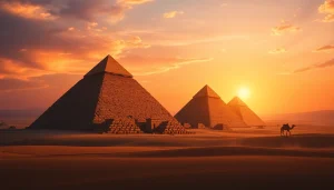 Captivating sunset view of piraminds in Giza, highlighting their ancient grandeur.