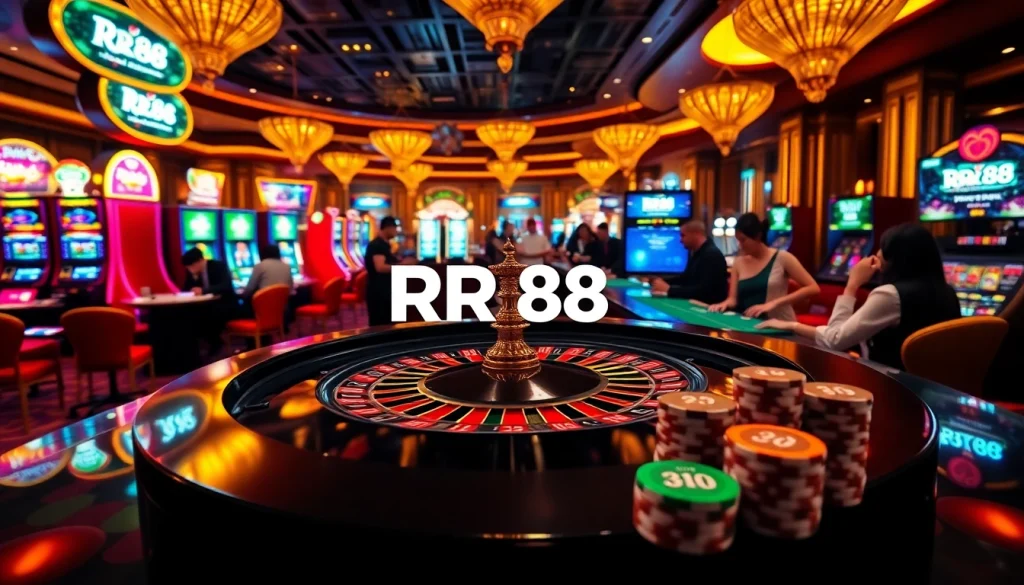 Experience the excitement as players engage in thrilling bets at the trang chủ rr88 casino, featuring a luxurious roulette table and vibrant slot machines.