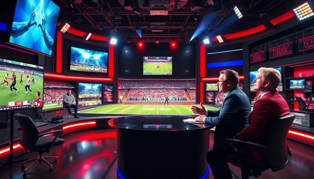 Engaging sports broadcasting scene with presenters showcasing excitement in live sports coverage.