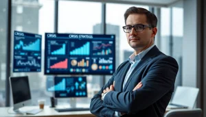 Dynamic scene of a crisis management consultant strategizing in an office with engaging presentations.