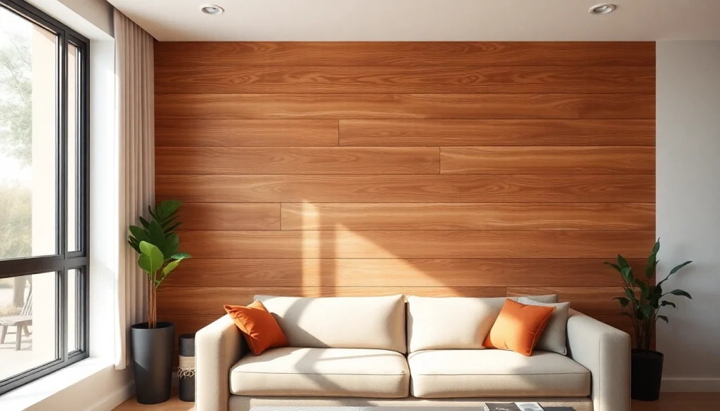 Beautiful wood wall planks enhance a cozy living room ambiance.