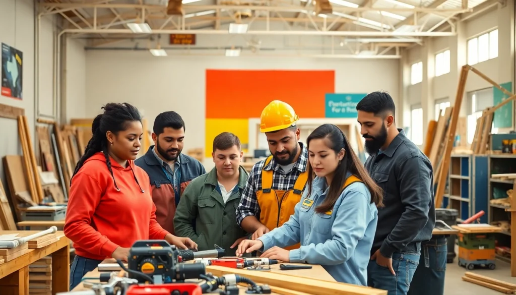 Construction trade schools in texas featuring students honing skills in a dynamic workshop, emphasizing teamwork.