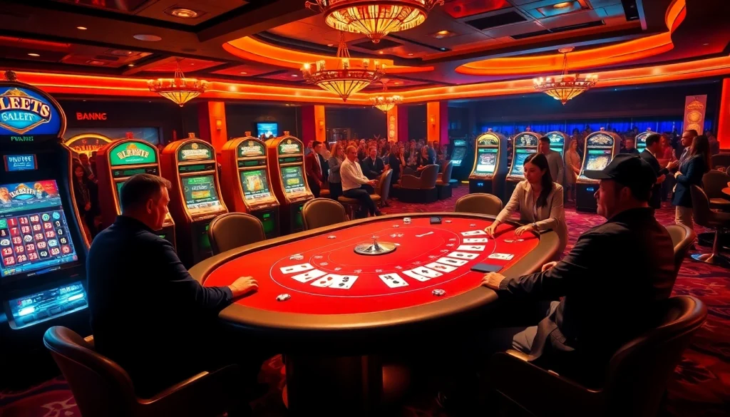 Players celebrating victory at a poker table on mk8th.net, surrounded by vibrant casino elements.