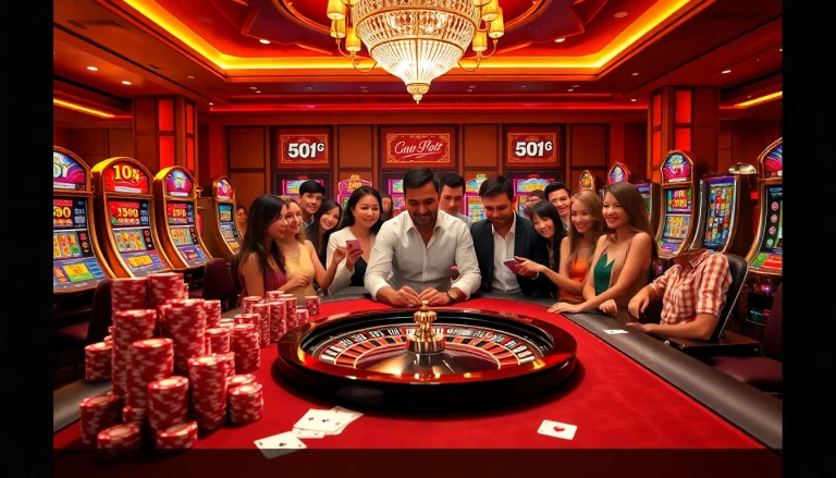 Engaging scene of diverse gamblers at a casino table featuring idn slot games and vibrant slot machines.