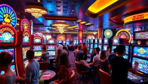 Mainkan slot dengan deposit 1K di kasino yang ramai dengan mesin slot yang menarik dan pemain yang antusias.