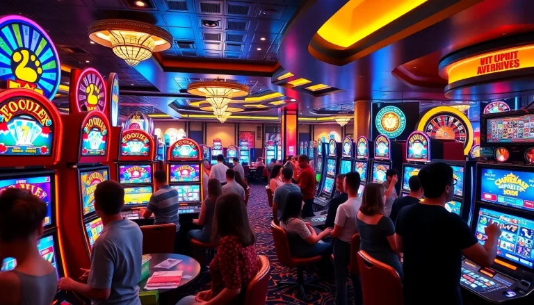 Mainkan slot dengan deposit 1K di kasino yang ramai dengan mesin slot yang menarik dan pemain yang antusias.