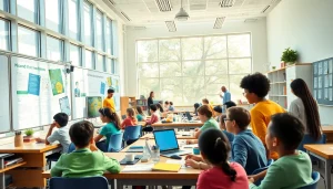 Education-focused classroom with diverse students engaged in innovative learning activities.