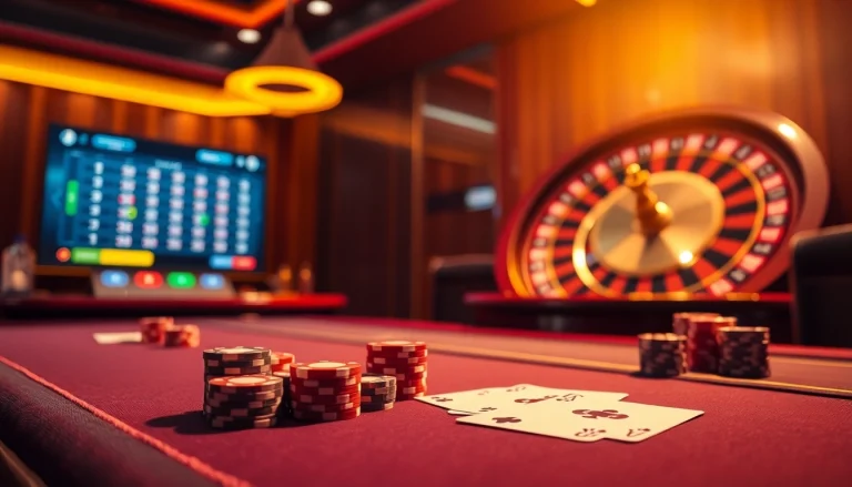 Experience high-stakes gaming at MM88 with an elegant casino scene featuring poker plays and roulette.