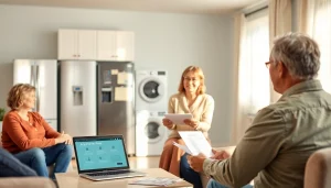 Engaging home systems and appliance protection consultation in a warm living room setting.