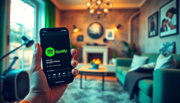 Engaging scene featuring a smartphone with Spotify mod apk, showcasing a cozy music-loving atmosphere.