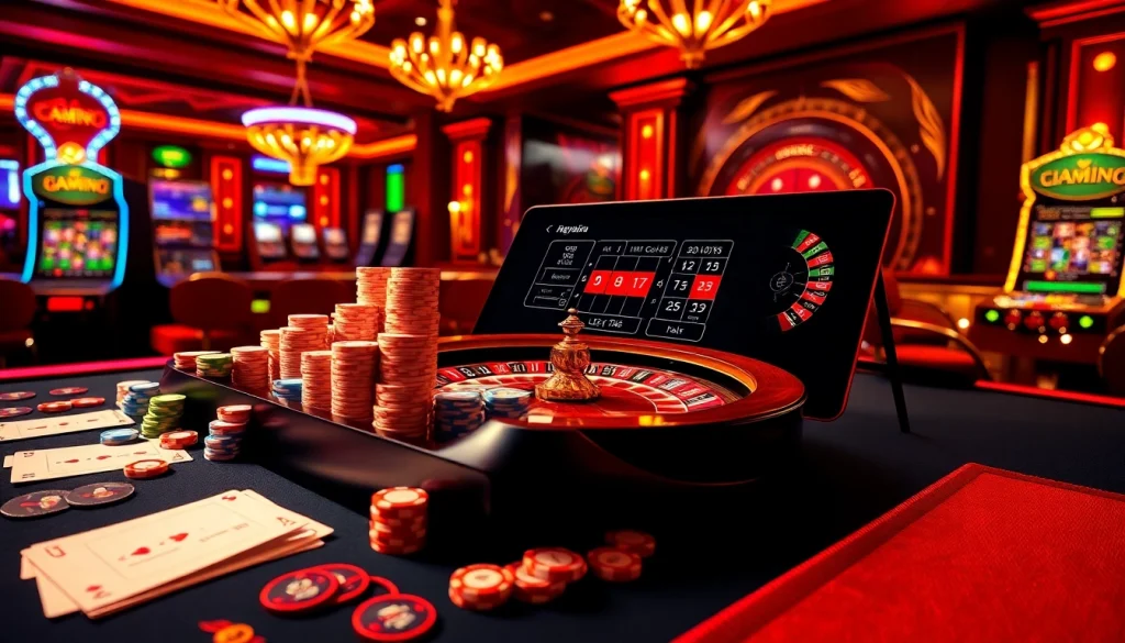 Cổng game Haywin showcasing vibrant online casino elements with poker chips and roulette wheel