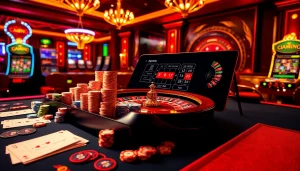 Cổng game Haywin showcasing vibrant online casino elements with poker chips and roulette wheel