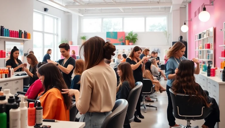 Stylists at saloane coafura bucuresti creating stunning hair designs in a vibrant salon.