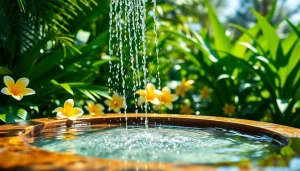 Experience a refreshing sunny shower in a lush outdoor setting surrounded by nature.