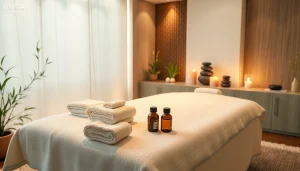 서울출장마사지 therapy room with calming candles, oils, and a massage table.