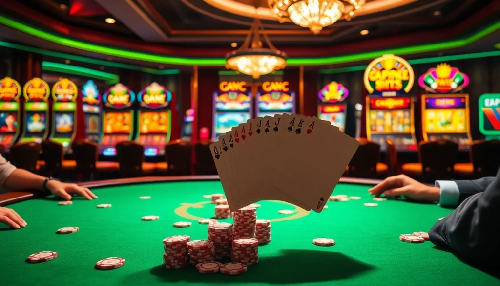Experience high-stakes excitement at situs deposit 5k gaming tables with poker chips and colorful slot machines.
