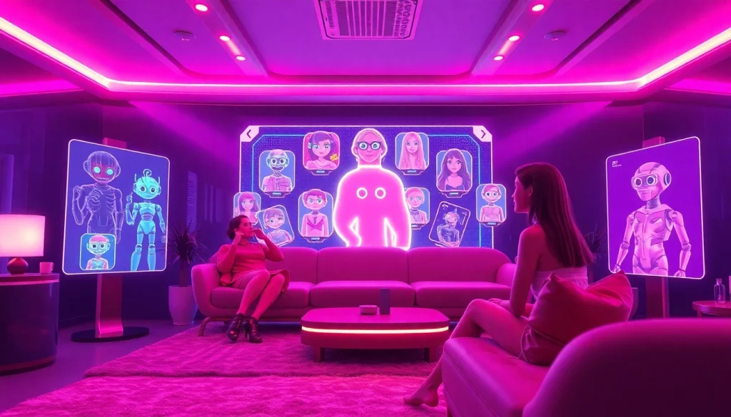 Interactive scene showcasing free NSFW character AI in a vibrant, digital space with diverse designs.