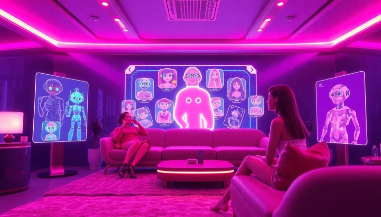 Interactive scene showcasing free NSFW character AI in a vibrant, digital space with diverse designs.