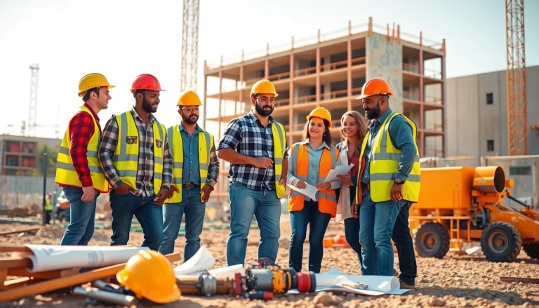 Engaged team in construction workforce development actively collaborating at a job site.