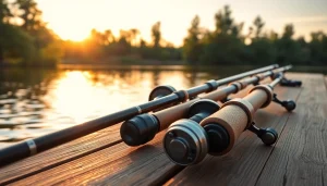 Showcase of the Best fly fishing rods meticulously arranged on a table by a lakeside.