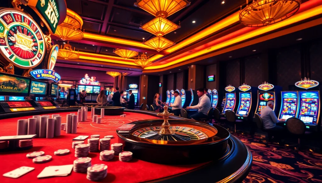 KJC's vibrant casino scene featuring poker chips and a roulette wheel, illustrating thrilling gambling activities.