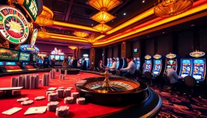 KJC's vibrant casino scene featuring poker chips and a roulette wheel, illustrating thrilling gambling activities.