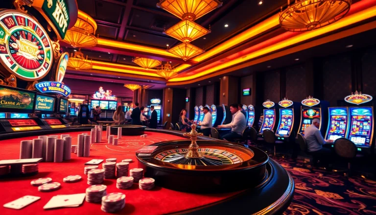 KJC's vibrant casino scene featuring poker chips and a roulette wheel, illustrating thrilling gambling activities.