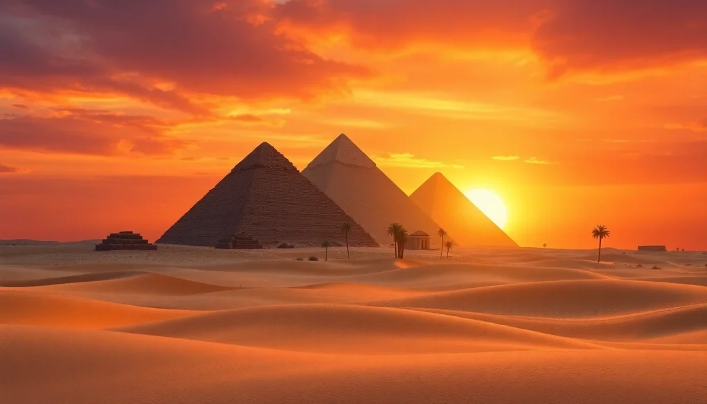 Pyraminds forming a majestic silhouette against a colorful sunset with golden sands in the foreground.