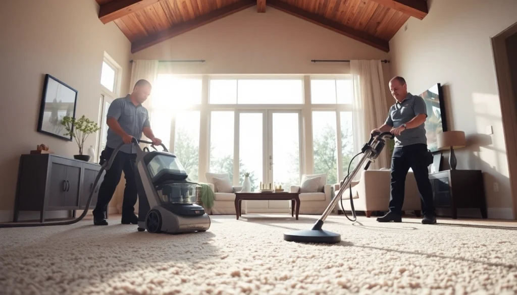 Carpet cleaners Lincoln CA using advanced equipment in a cozy living room.