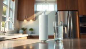 Waterdrop DA97-17376B Replacement for Samsung® HAF-QIN/EXP featured in a bright kitchen with a glass of water.