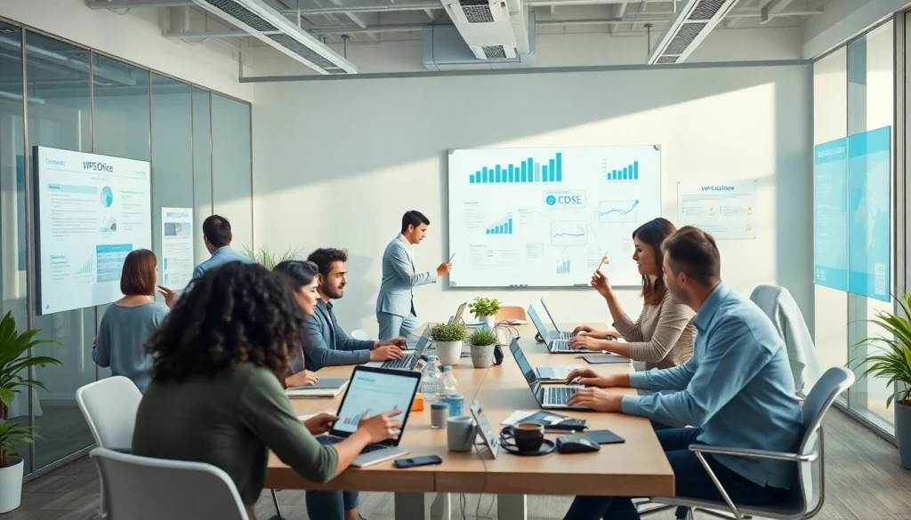 WPS下载，在一个协作的现代办公空间中，专业人员使用先进技术。